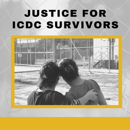 Two people stand in front of a detention center. One has their arm around the other. There is text that reads Justice for ICDC Survivors.