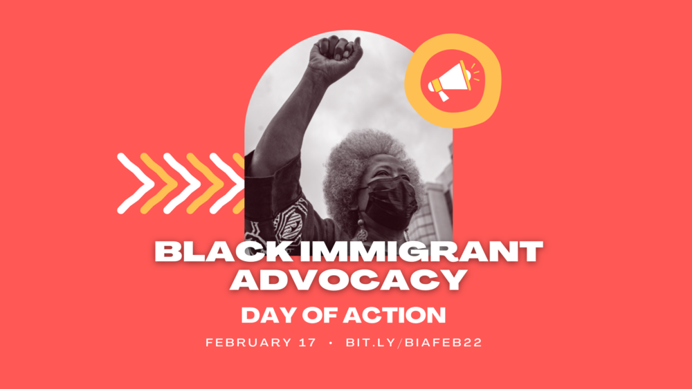 A black and white photograph of a Black person with their fist raised is on top of a pink background. White text reads "Black Immigrant Advocacy Day of Action. February 17"